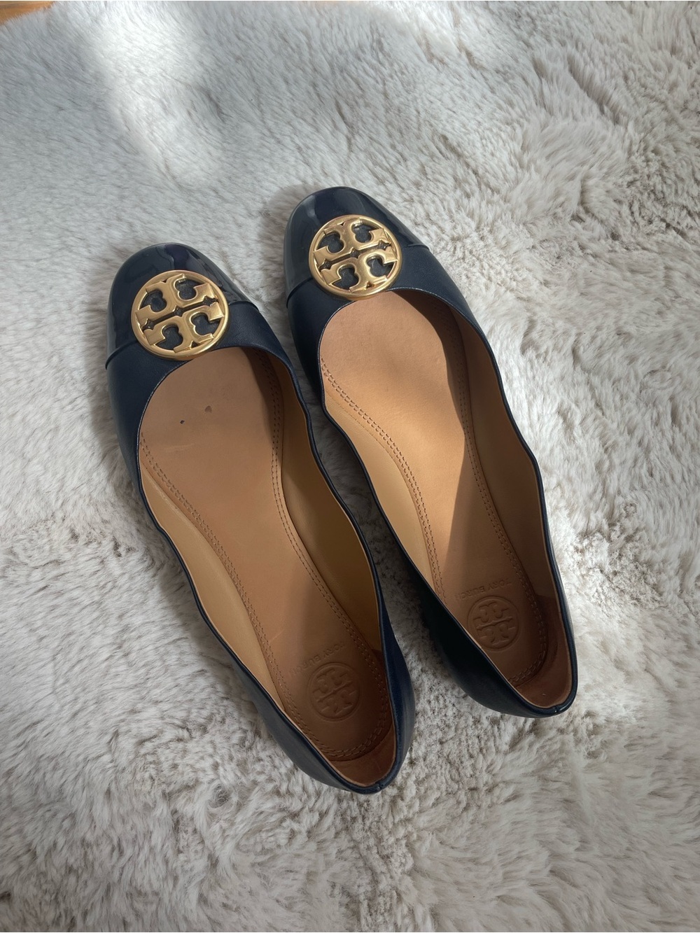 Tory Burch Navy Leather Ballet Flats with Gold Logo